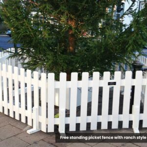 White free standing picket fencing with feet and ranch style pales